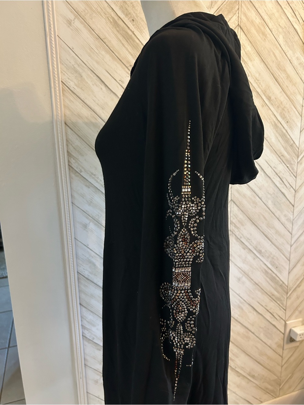Bejeweled by Susan Fixel black hooded dress w/Swarovski elements crystals L/J